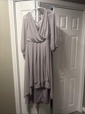 Elegant V-Neck Long Sleeve High-Low Dress in Light Gray